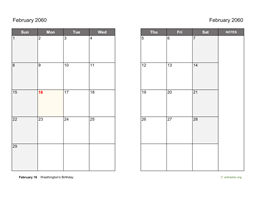 February 2060 Calendar on two pages