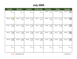 July 2060 Calendar with Day Numbers