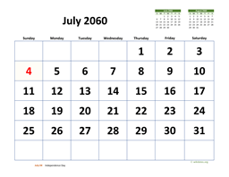 July 2060 Calendar with Extra-large Dates