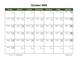 October 2060 Calendar with Day Numbers