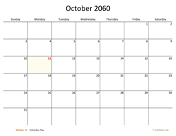 October 2060 Calendar with Bigger boxes