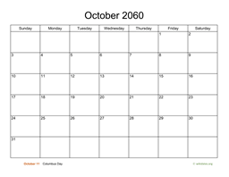 Basic Calendar for October 2060