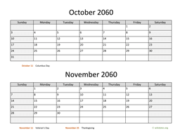 October and November 2060 Calendar