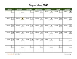 September 2060 Calendar with Day Numbers