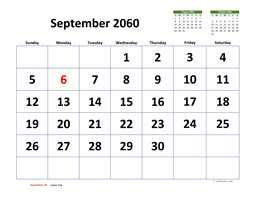 September 2060 Calendar with Extra-large Dates