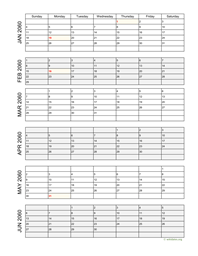 six months 2060 calendar vertical