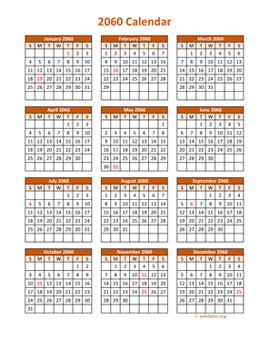 Full Year 2060 Calendar on one page