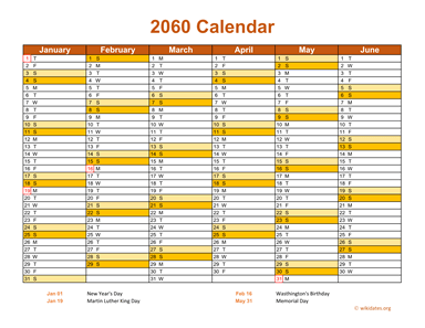 2060 Calendar on 2 Pages, Landscape Orientation