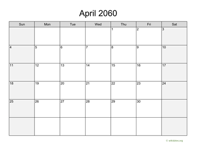 April 2060 Calendar with Weekend Shaded
