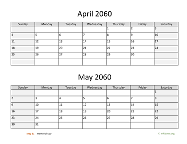April and May 2060 Calendar Horizontal