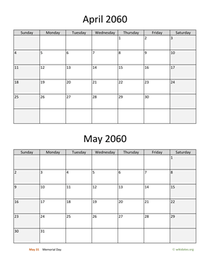 April and May 2060 Calendar Vertical
