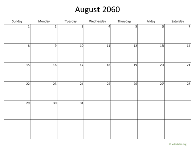 August 2060 Calendar with Bigger boxes