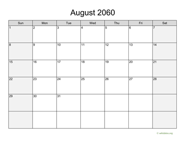August 2060 Calendar with Weekend Shaded