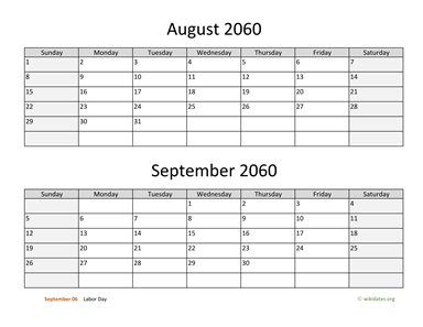August and September 2060 Calendar Horizontal