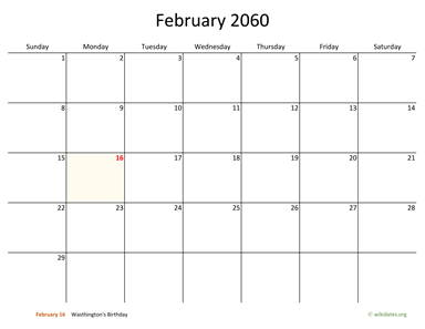 February 2060 Calendar with Bigger boxes
