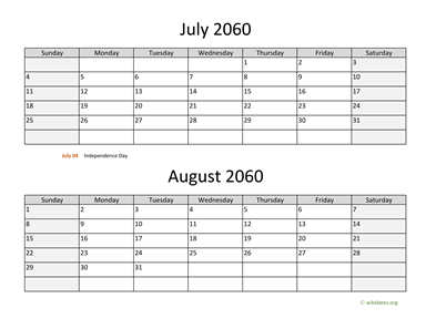 July and August 2060 Calendar Horizontal