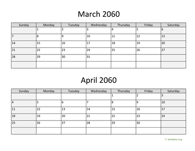 March and April 2060 Calendar Horizontal