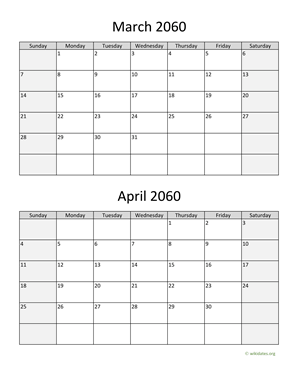 March and April 2060 Calendar Vertical