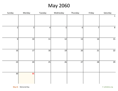 May 2060 Calendar with Bigger boxes
