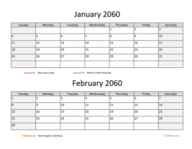 Two Months 2060 Calendar Horizontal