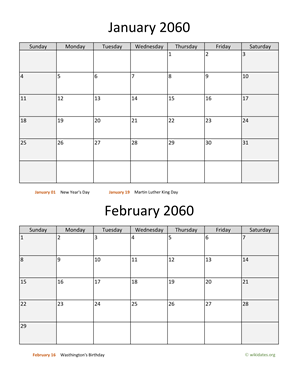 Two Months 2060 Calendar Vertical