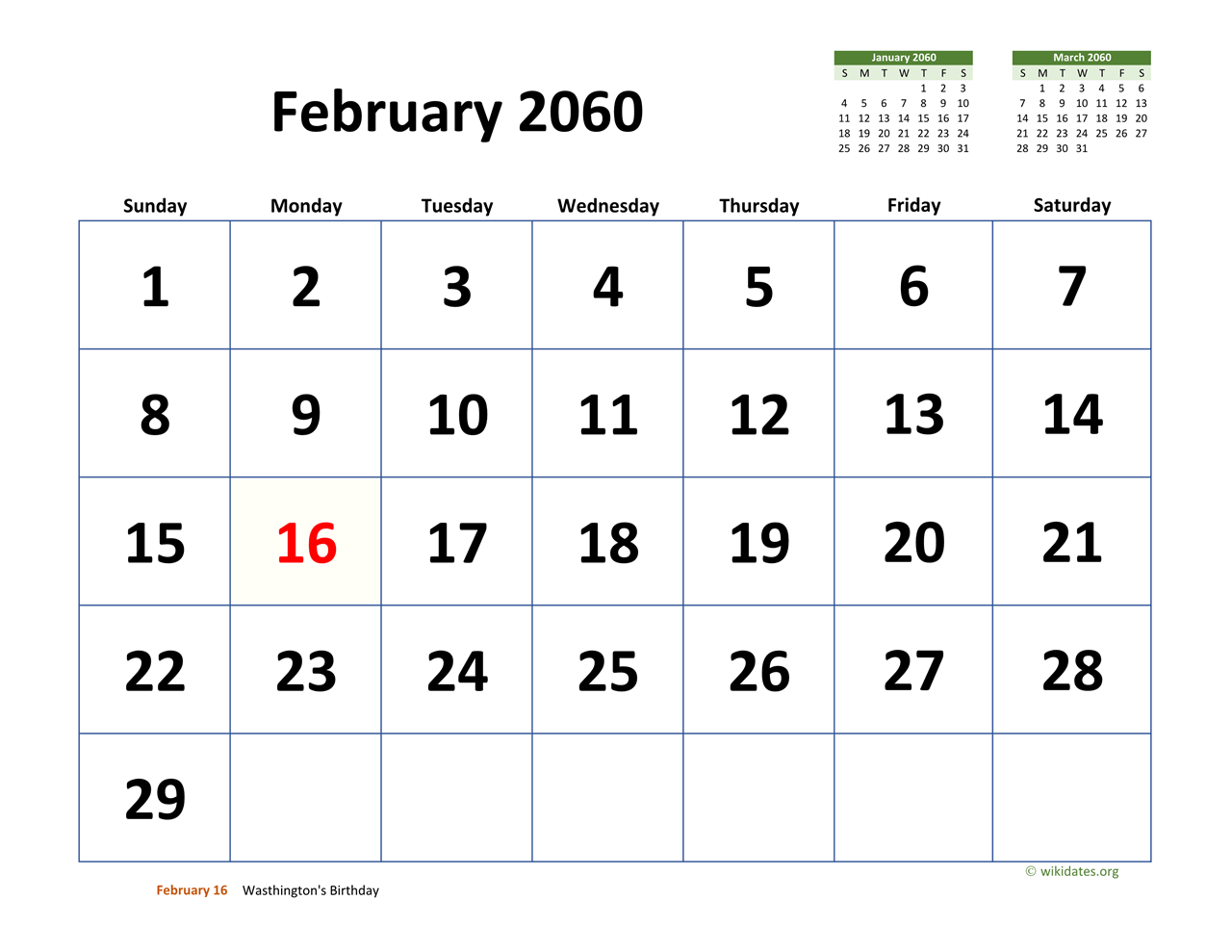 February 2060 Calendar With Extra large Dates WikiDates