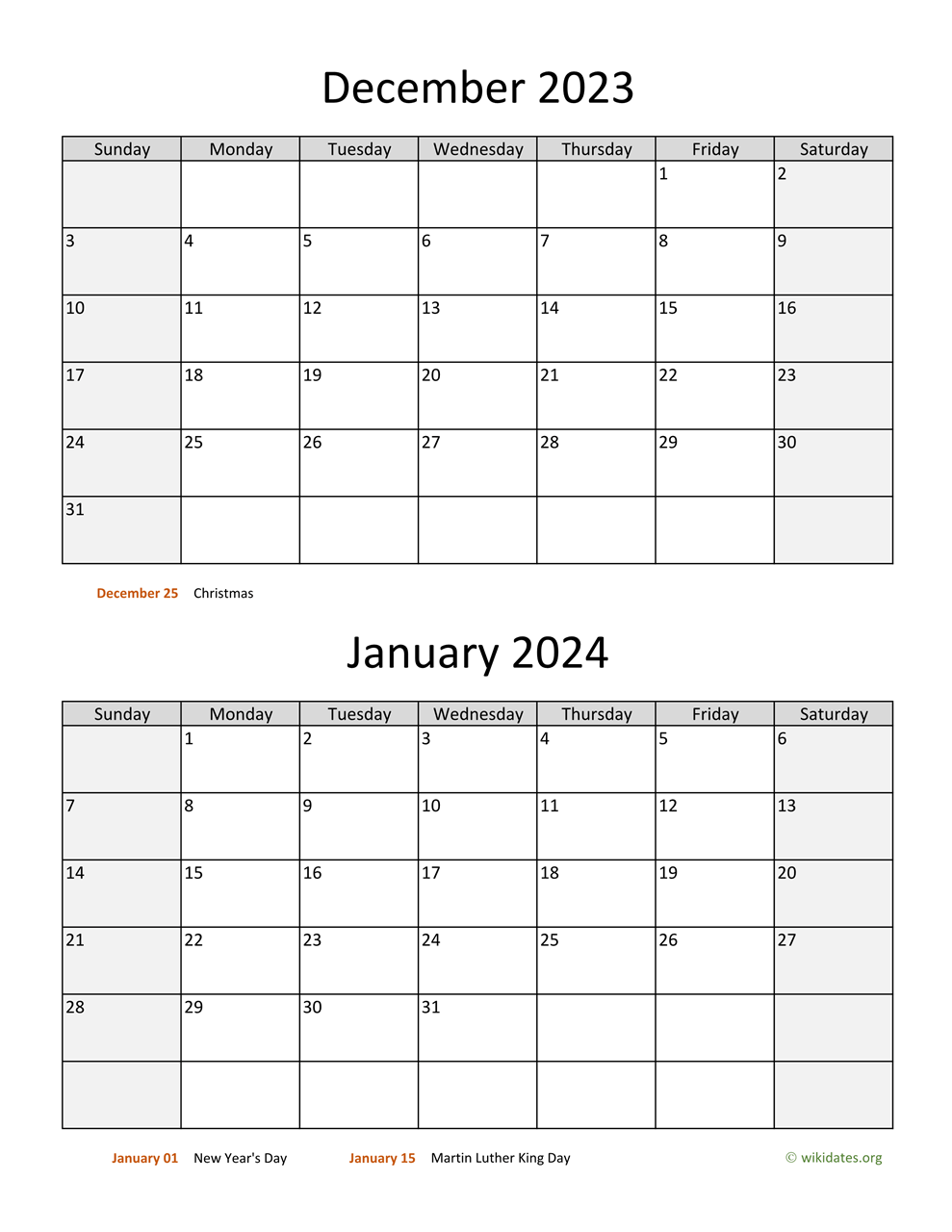 December 2023 and January 2024 Calendar | WikiDates.org