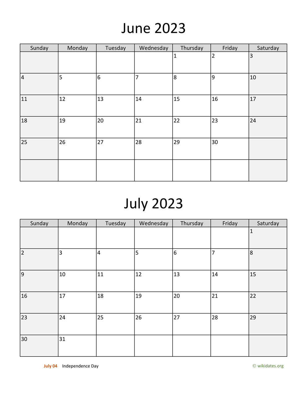 June and July 2023 Calendar | WikiDates.org