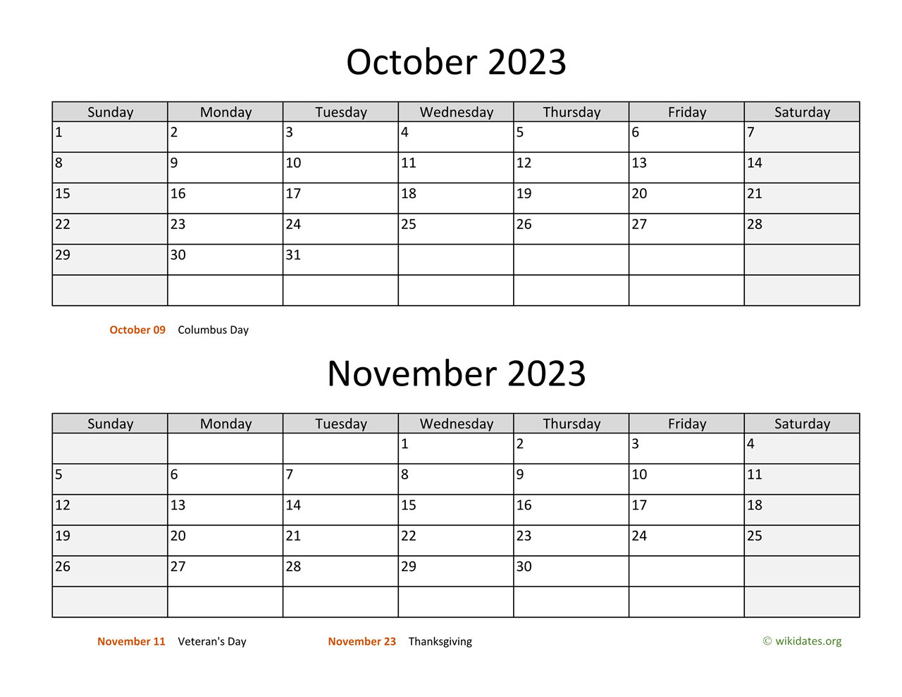 October and November 2023 Calendar | WikiDates.org