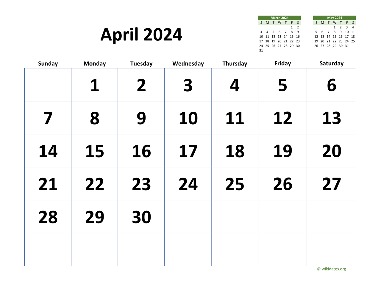 April 2024 Calendar with Extralarge Dates