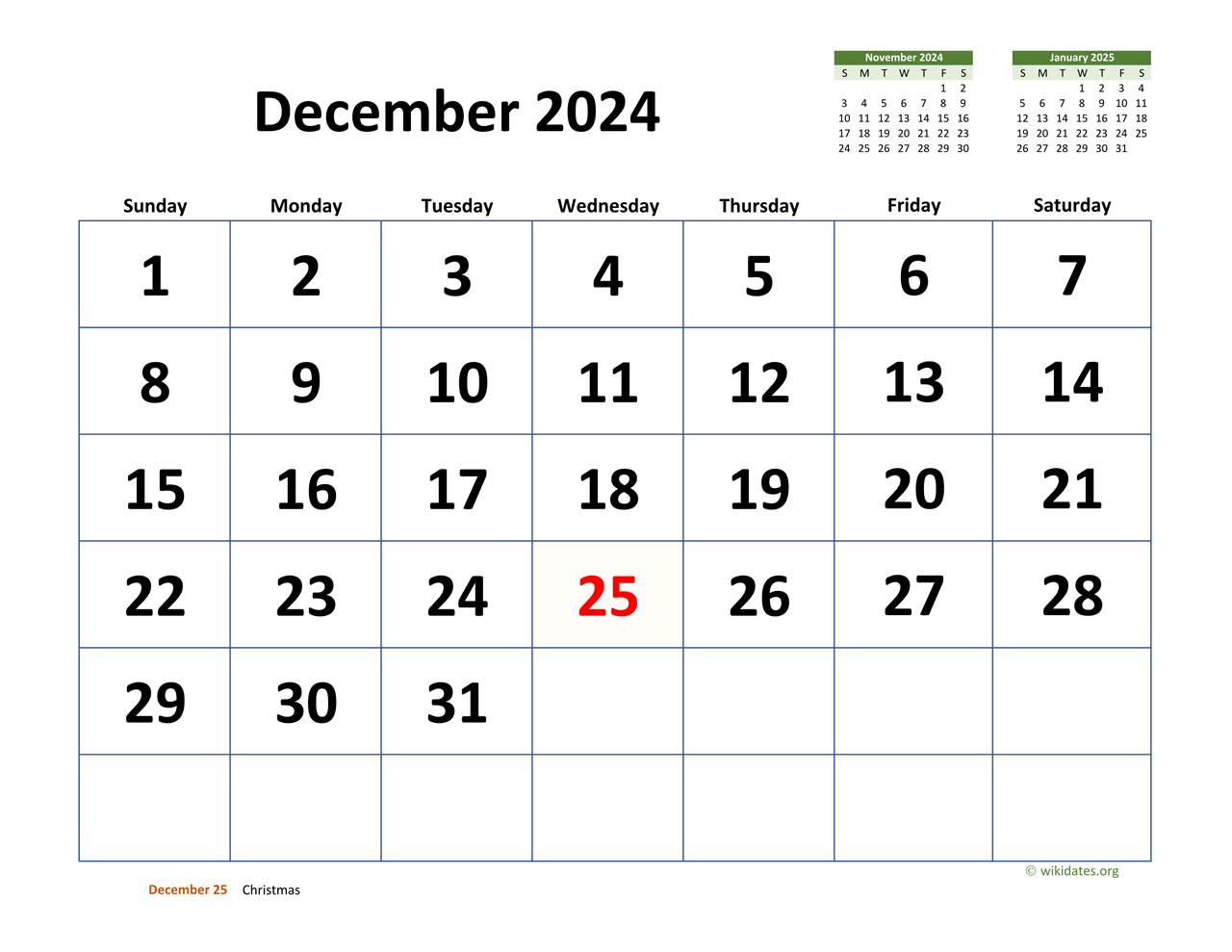 December 2024 Calendar with Extra-large Dates | WikiDates.org