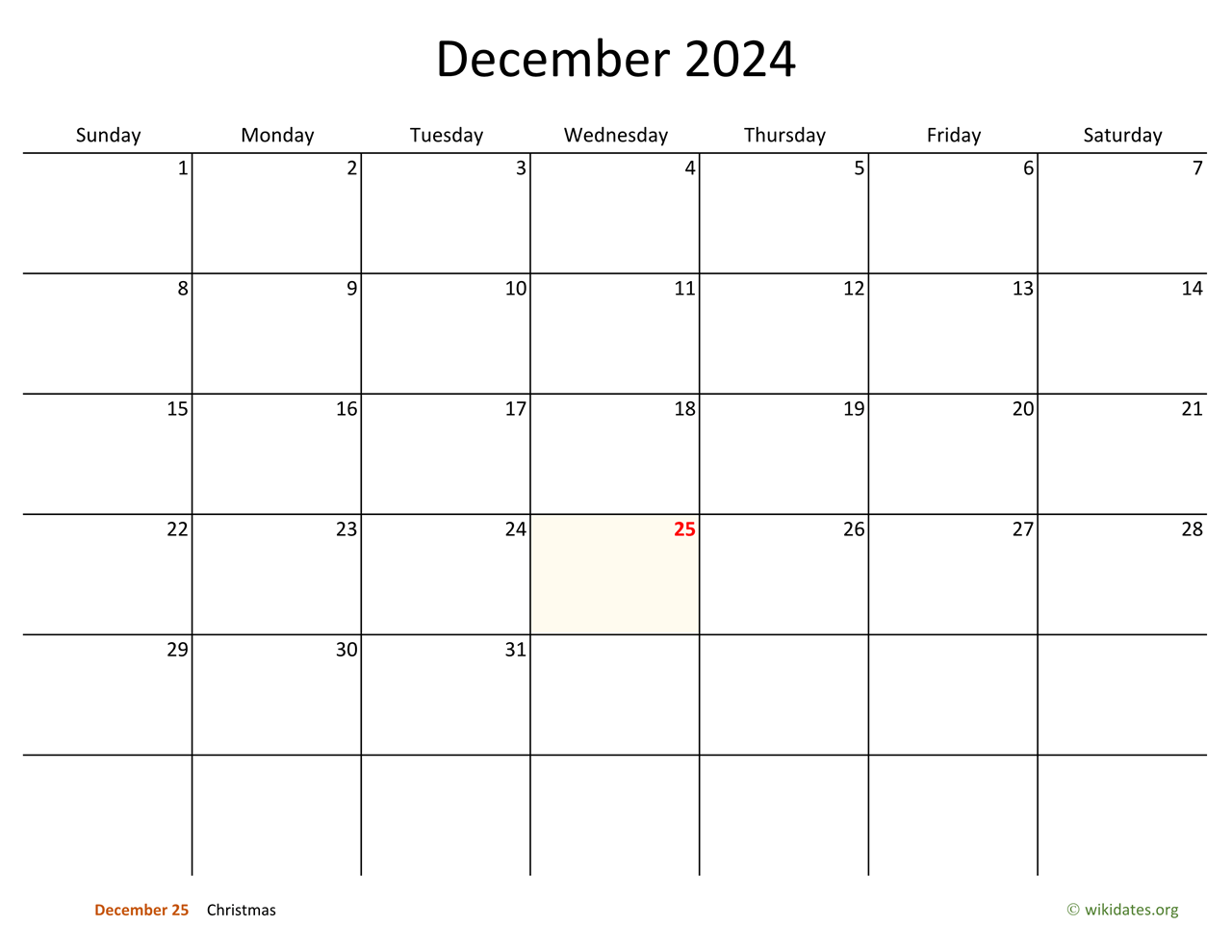 December 2024 Calendar with Bigger boxes