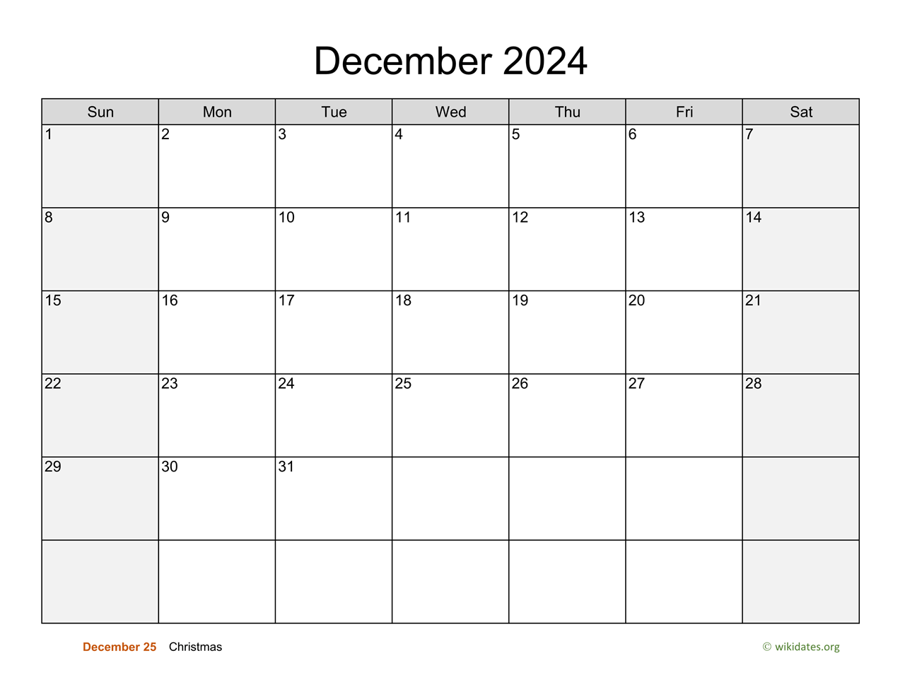 December 2024 Calendar with Weekend Shaded