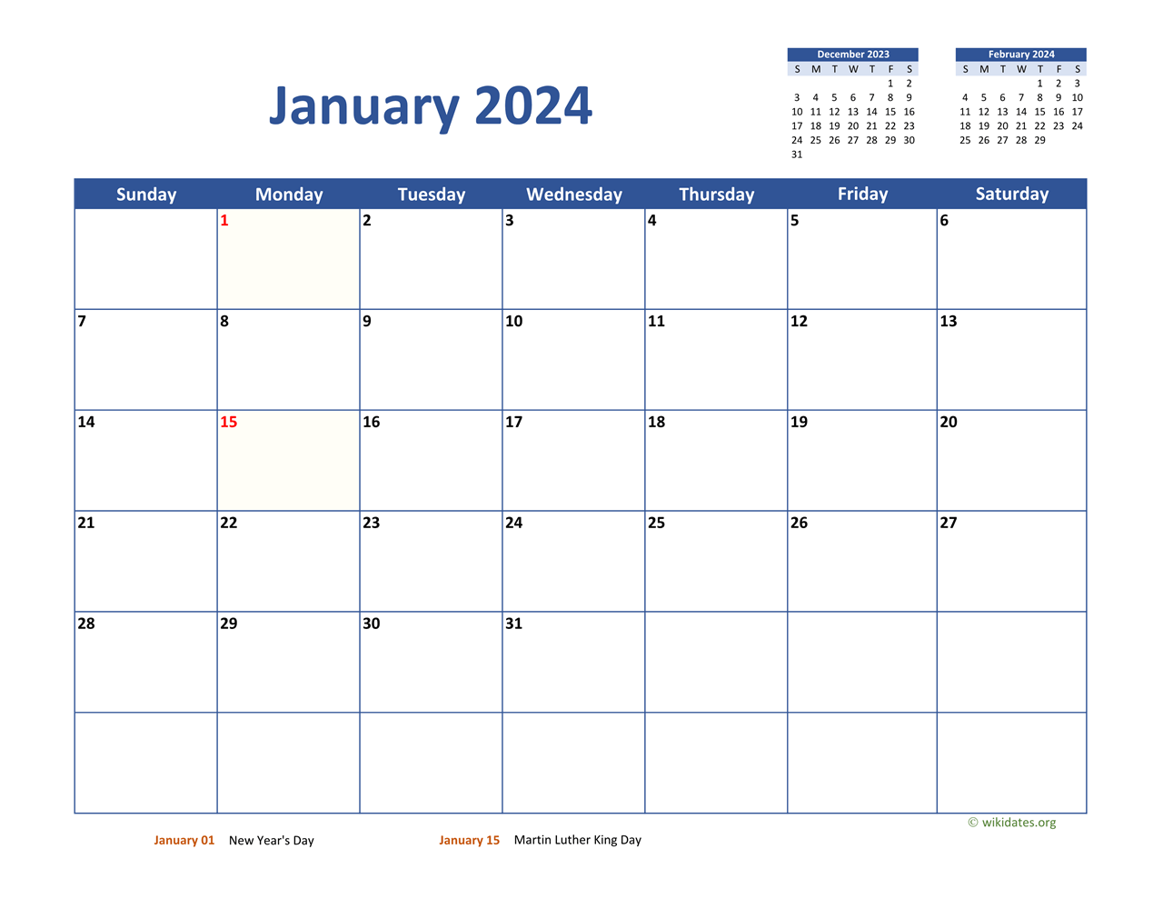 January 2024 Calendar Classic | WikiDates.org