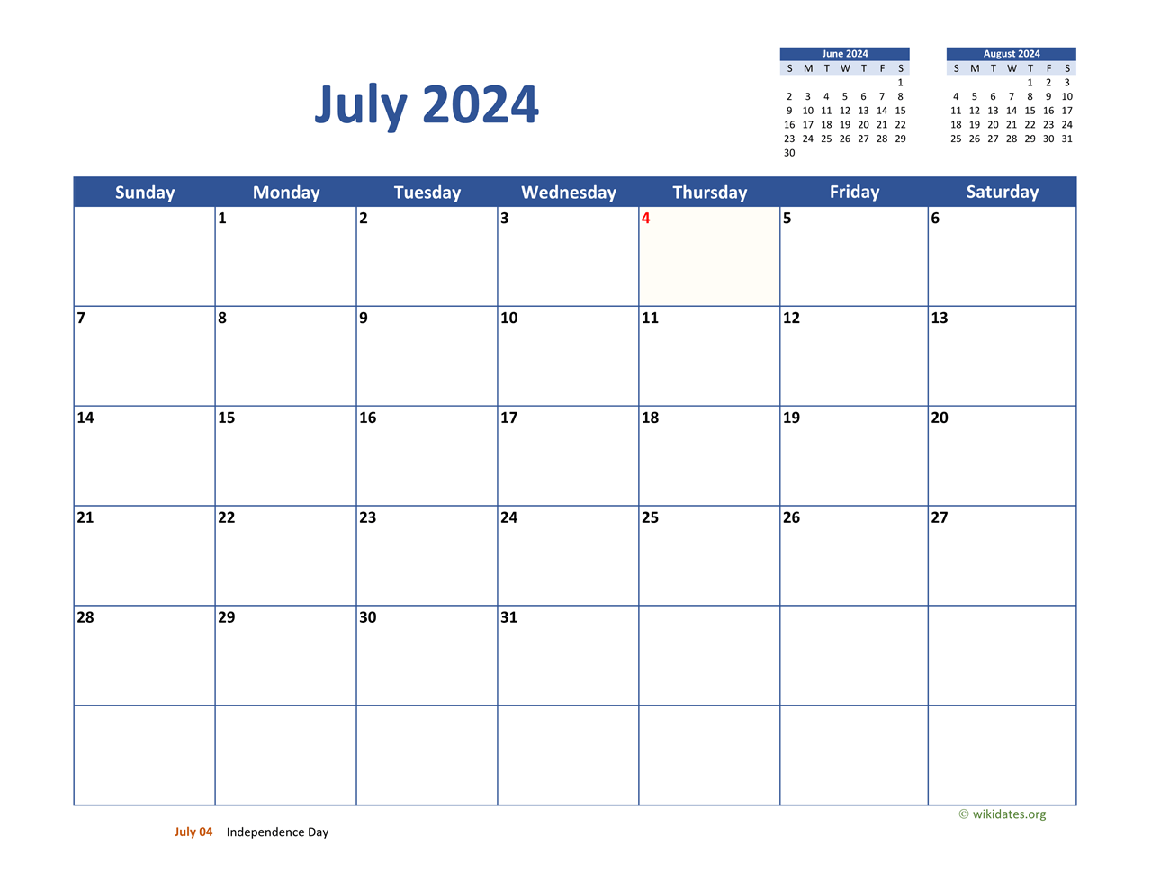 July 2024 Calendar Classic | WikiDates.org