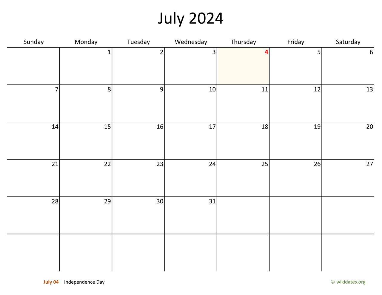 July 2024 Calendar with Bigger boxes