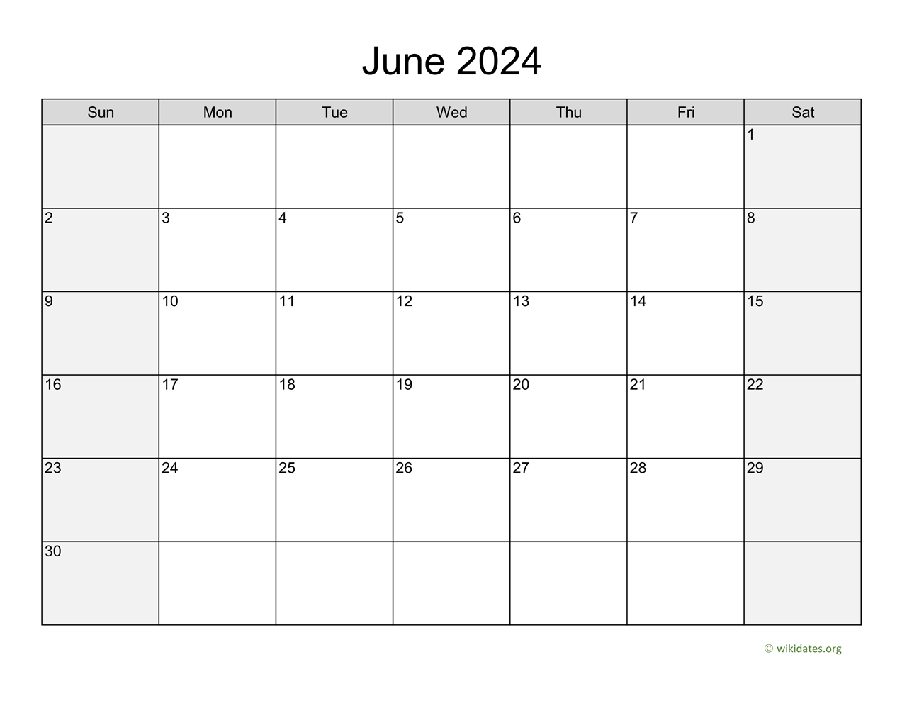 June 2024 Calendar with Weekend Shaded | WikiDates.org