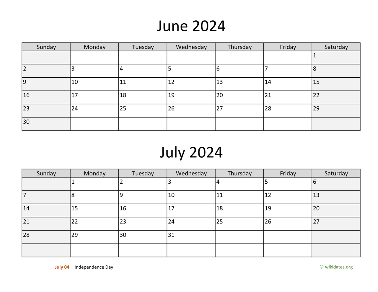 June and July 2024 Calendar