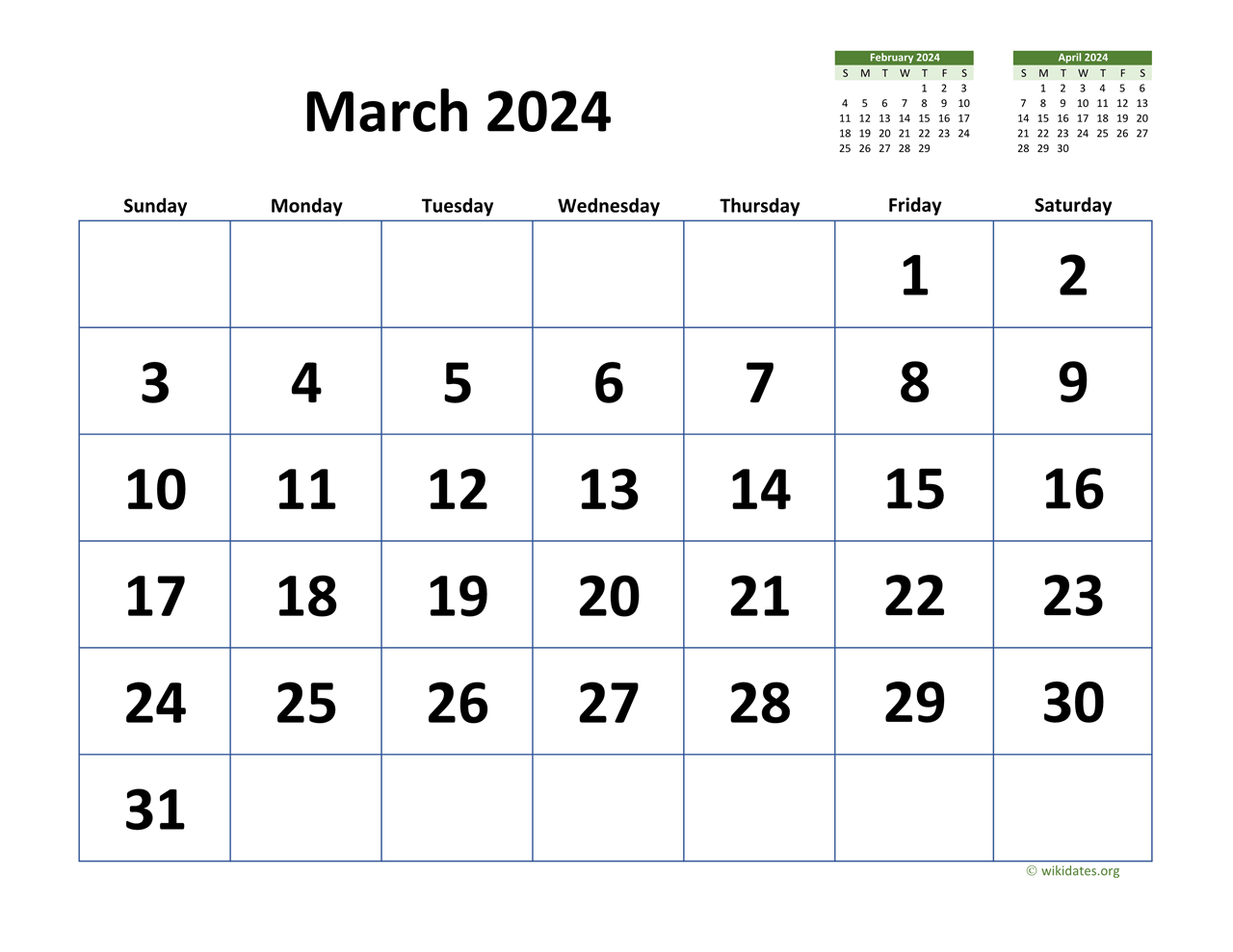 March 2024 Calendar with Extralarge Dates