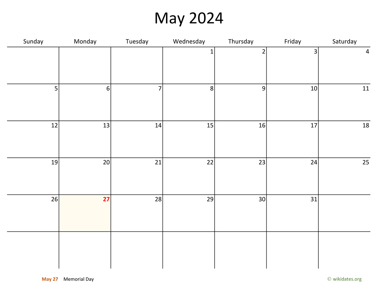 May 2024 Calendar with Bigger boxes | WikiDates.org