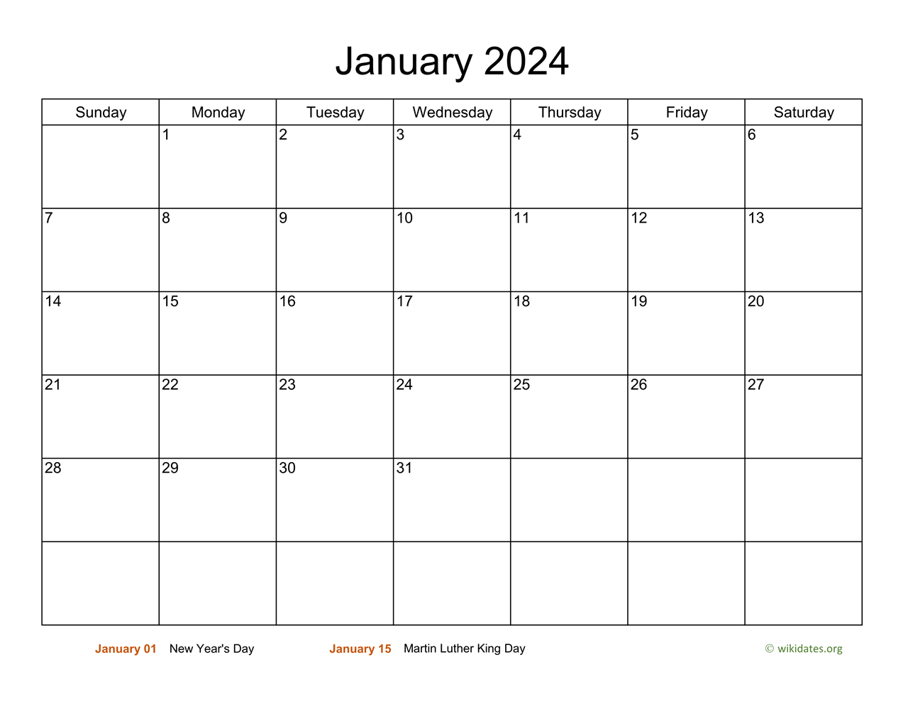 Monthly Basic Calendar for 2024 | WikiDates.org