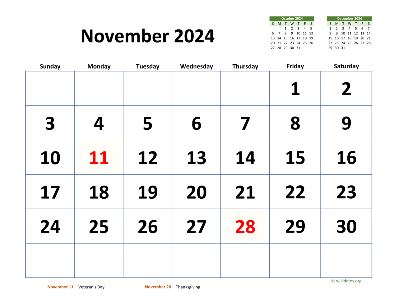 November 2024 Calendar with Extralarge Dates
