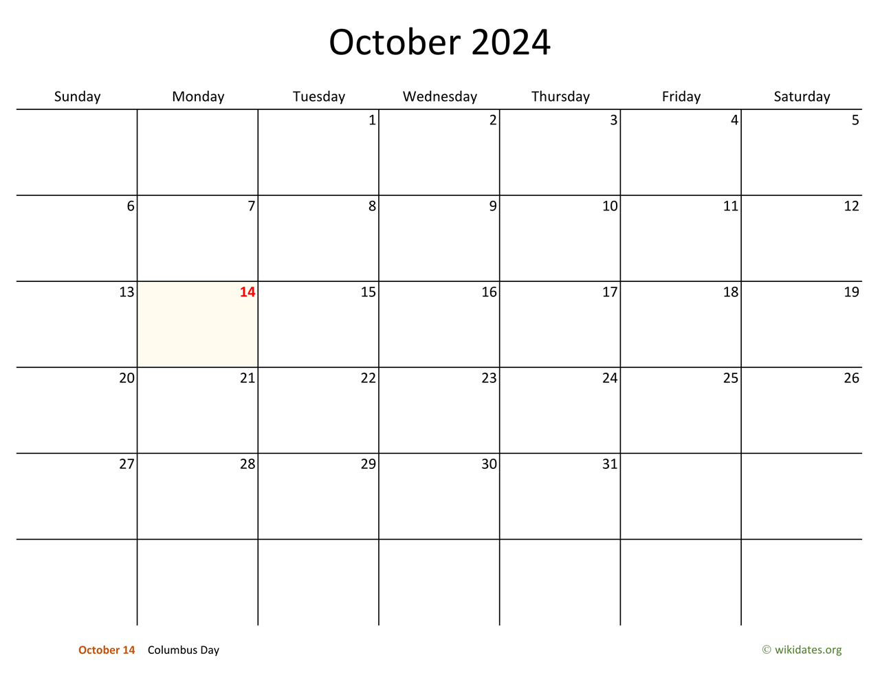 October 2024 Calendar with Bigger boxes