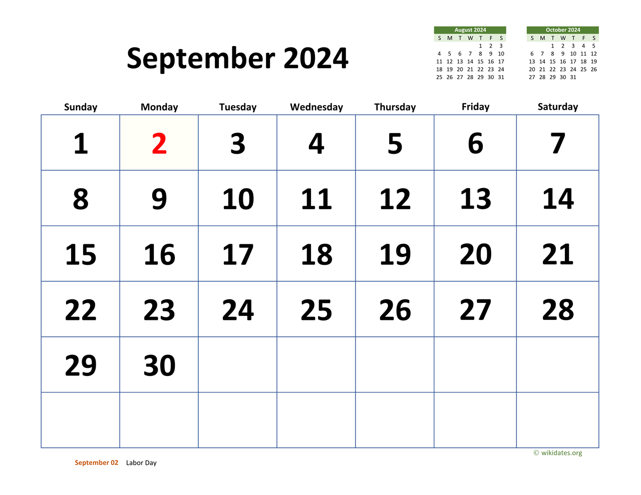 September 2024 Calendar with Extralarge Dates