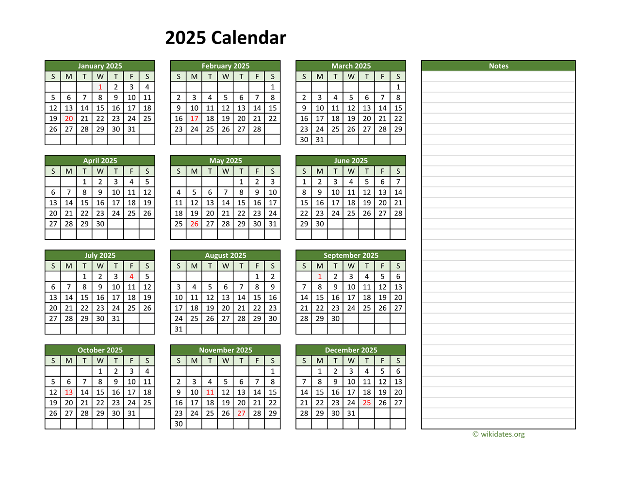 Yearly Printable 2025 Calendar With Notes WikiDates