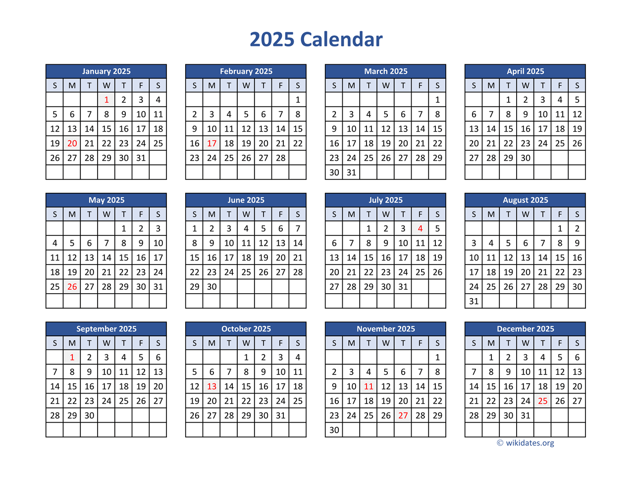 2025 Calendar In PDF WikiDates
