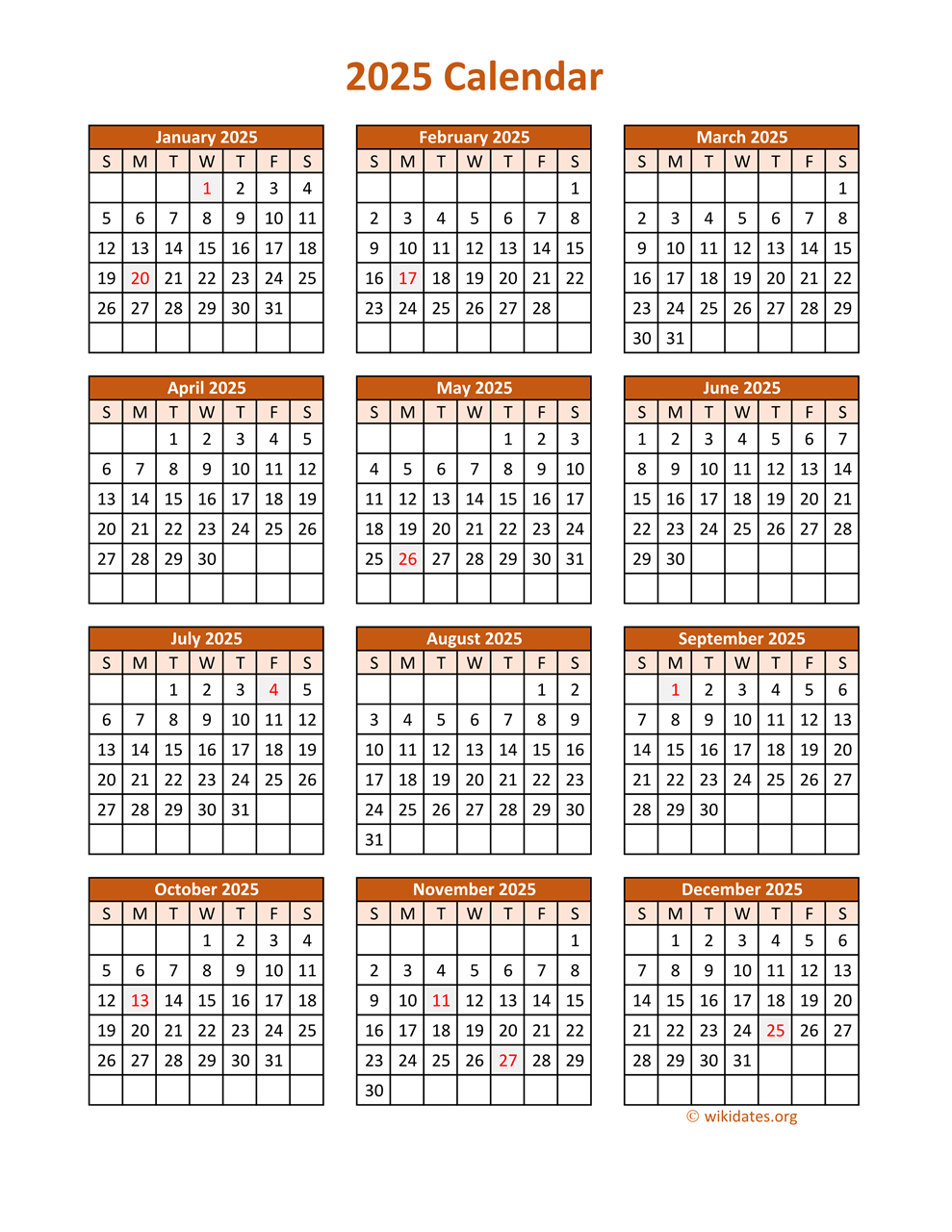 Full Year 2025 Calendar On One Page WikiDates