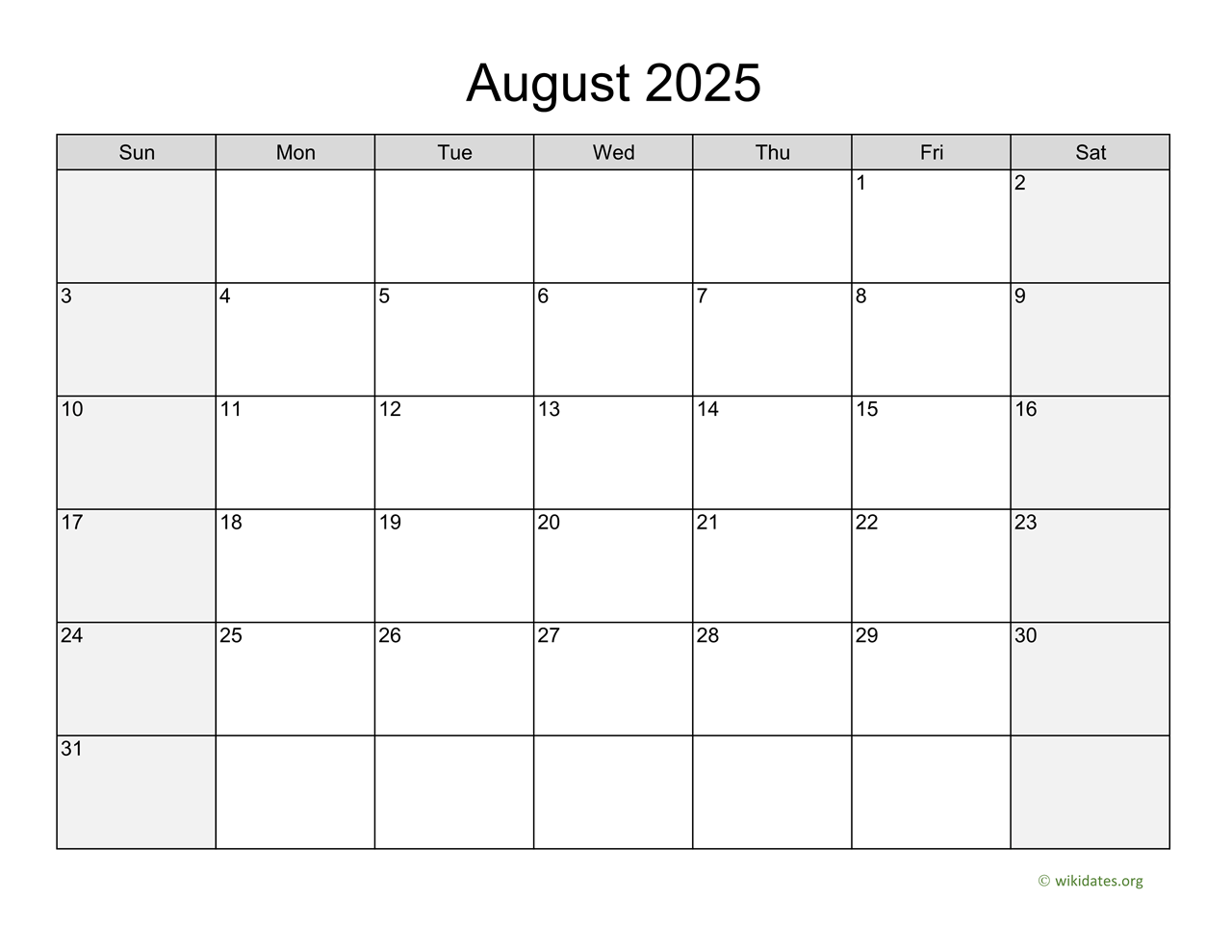  August 2025 Calendar With Weekend Shaded WikiDates