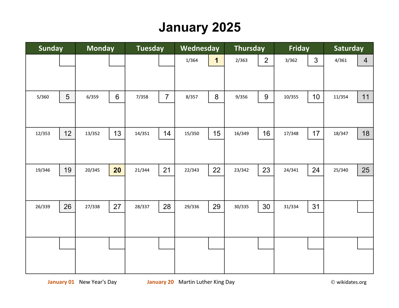 January 2025 Calendar With Day Numbers