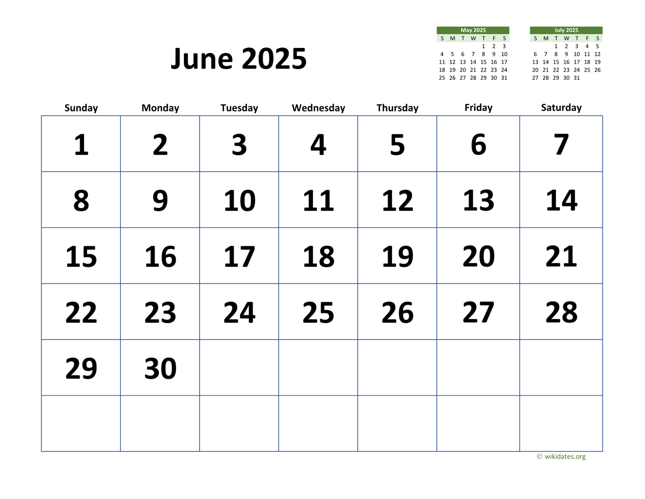 June 2025 Calendar with Extralarge Dates